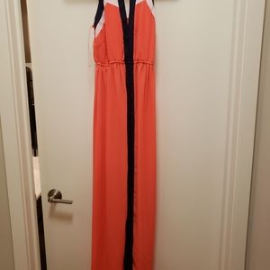 Coral and navy maxi dress
